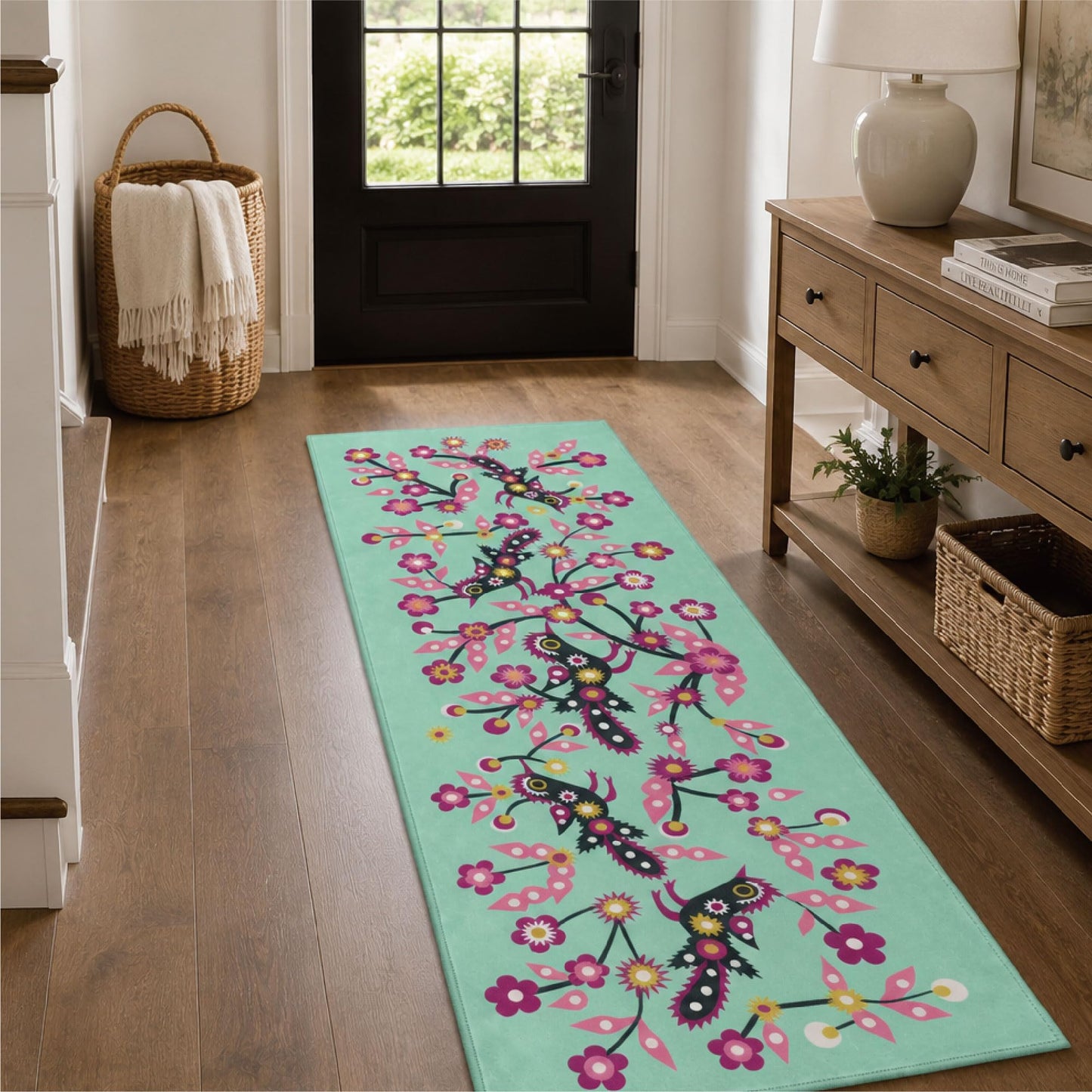Jianhua Goddess 2x6 Runner Rug, Magpies Pattern Series Inspired by Ku Shulan Paper-Cut, Machine Washable Indoor Floral Folk Art Accent Rug with Non-Slip Backing for Hallway, Entryway, Bedside