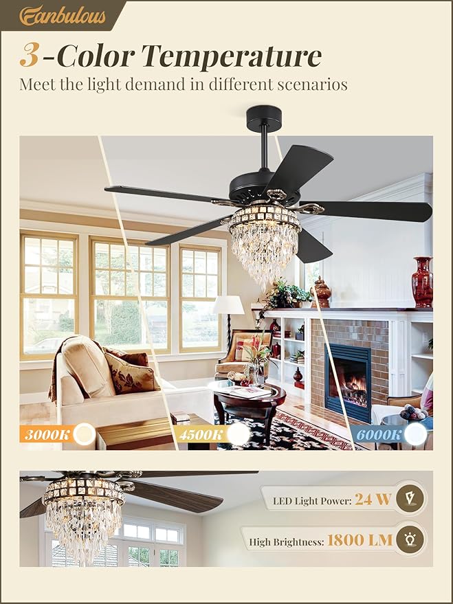 Fanbulous 52 Inch Farmhouse Fandelier Ceiling Fan with Light, Crystal Ceiling Fans Chandelier with 6 Speeds, Quiet Reversible Noiseless DC Motor, 3CCT, Indoor Ceiling Fan for Living Room Bedroom