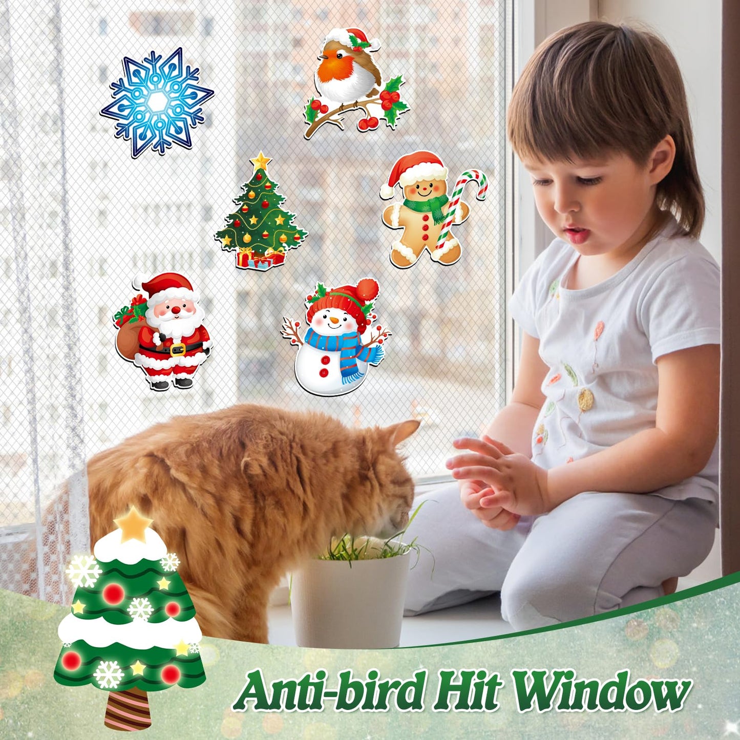 JSRQT 12 Pcs/6 Pairs Magnetic Screen Door Decals Winter Christmas Magnets Protector Double Sided Flexible Stickers Decorative for Patio Sliding Pets Fridge Refrigerator Window Snowflake Bird Snowman