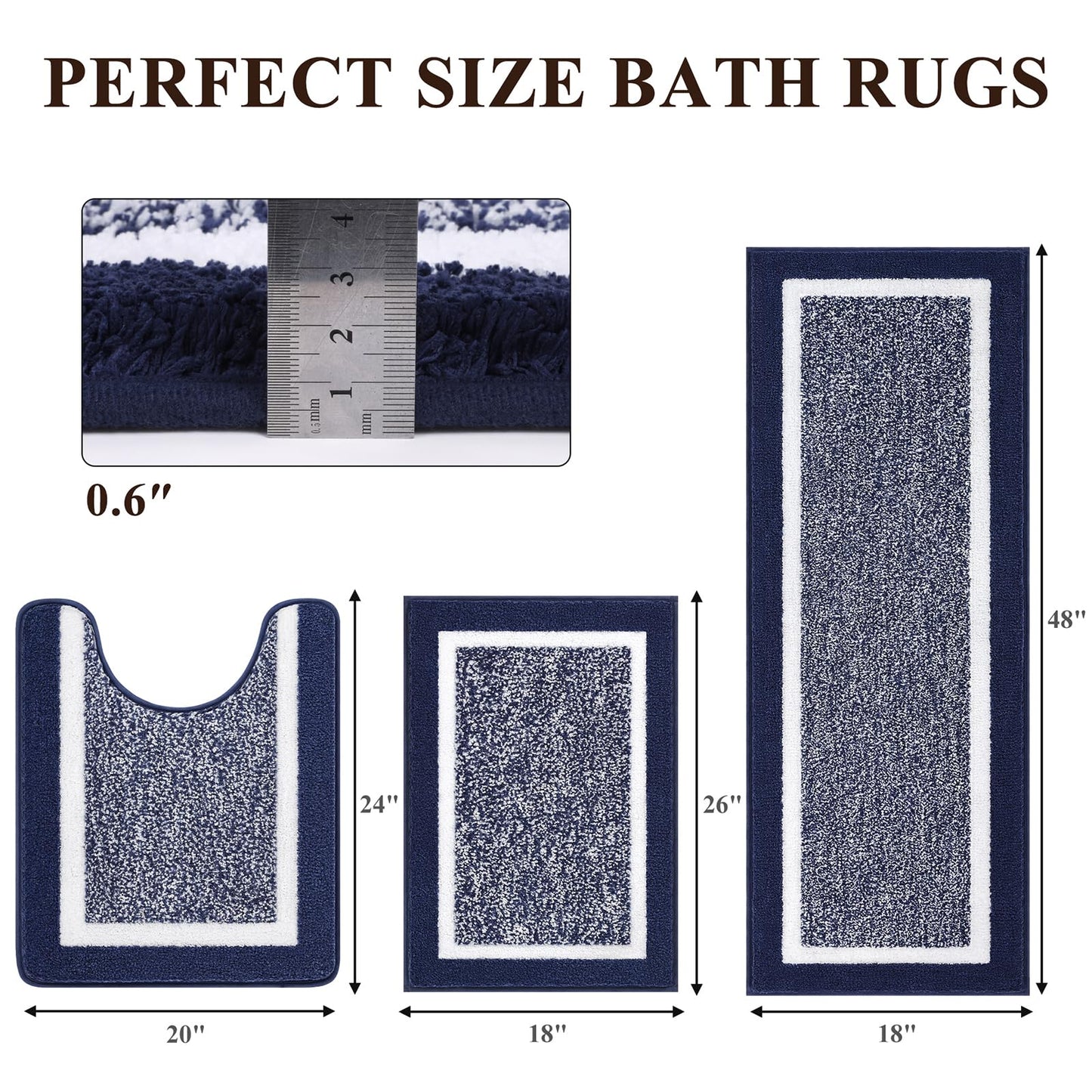 Pauwer 3 Piece Bath Mat Set, Non-Slip Plush Rugs, Absorbent Shaggy Set With U-Shaped Contour Toilet Mat for Bathroom, Bedroom, Living Room, Navy