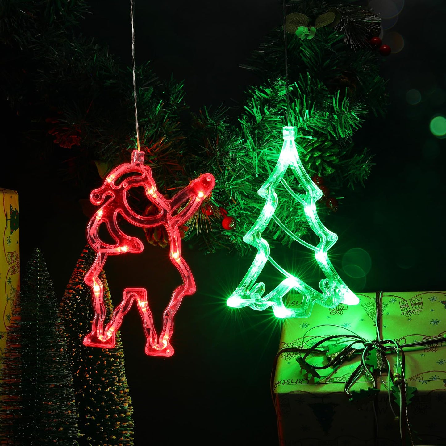 Baquler 6 Pcs Christmas Window Lights Decorations with Suction Cup Battery Operated Christmas Window Hanging Lights Santa Reindeer Snowman Xmas Tree Snowflake Bell for Xmas Tree Fireplace Indoor Decor