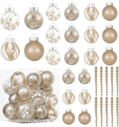 XmasExp 32ct Christmas Ball Ornaments Set -Champagne Clear Plastic Shatterproof Xmas Tree Ball Decorations Hanging Baubles for Holiday Decor