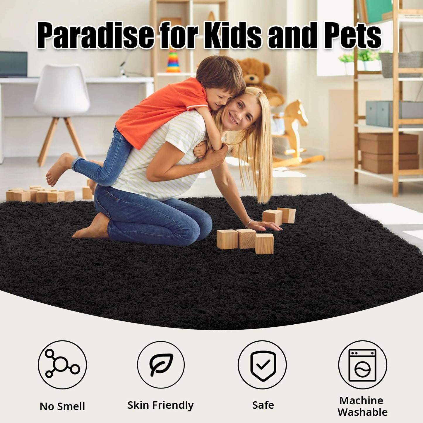 HOMBYS Fluffy Area Rug 12x15 ft for Living Room, Large Soft Shaggy Faux Fur Carpet for Bedroom, Non-Skid Plush Fuzzy Rug for Kids Playroom Home Decor, Black