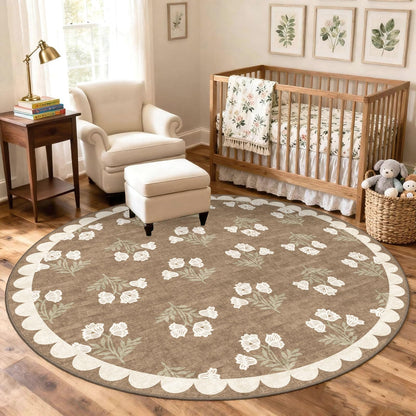 Othilic Tan Entryway Round Rug 4ft - Washable Boho Floral Neutral Farmhouse Scalloped Round Area Rug for Bedroom Non Slip Stain Resistant Circle Rugs for Living Room Kitchen Entryway Bathroom Nursery