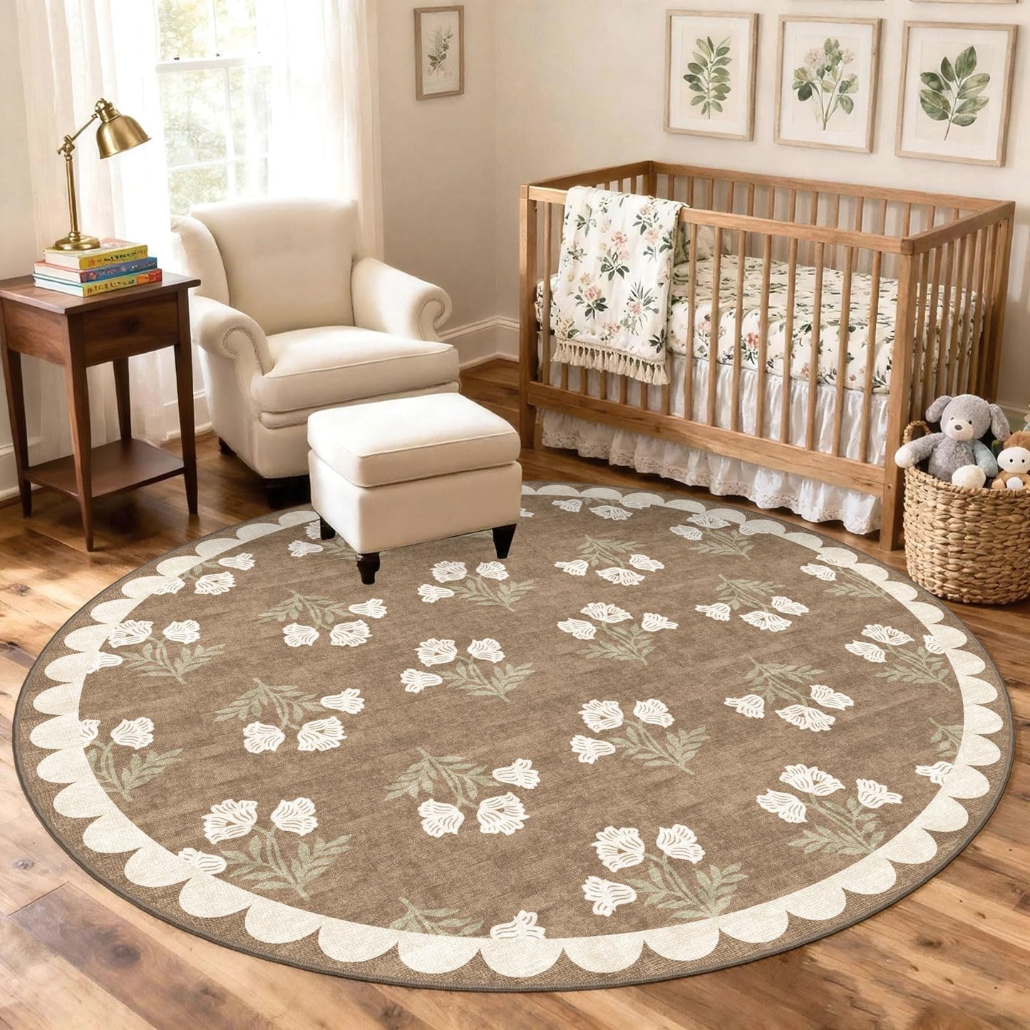 Othilic Tan 6ft Round Area Rug for Living Room - Large Washable Floral Neutral Farmhouse Scalloped Circle Rug for Bedroom Stain Resistant Dining Room Rugs for Under Round Table Carpet for Living Room
