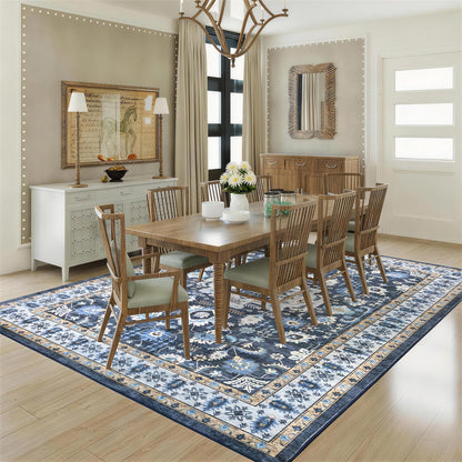 Trsury 8x10 Washable Living Room Area Rug, Boho Dark Blue Floral Medallion Low Pile Non-Slip Throw Rugs, Ultra Thin Foldable Carpet Under The Table for Bedroom,Dining Room,Playroom