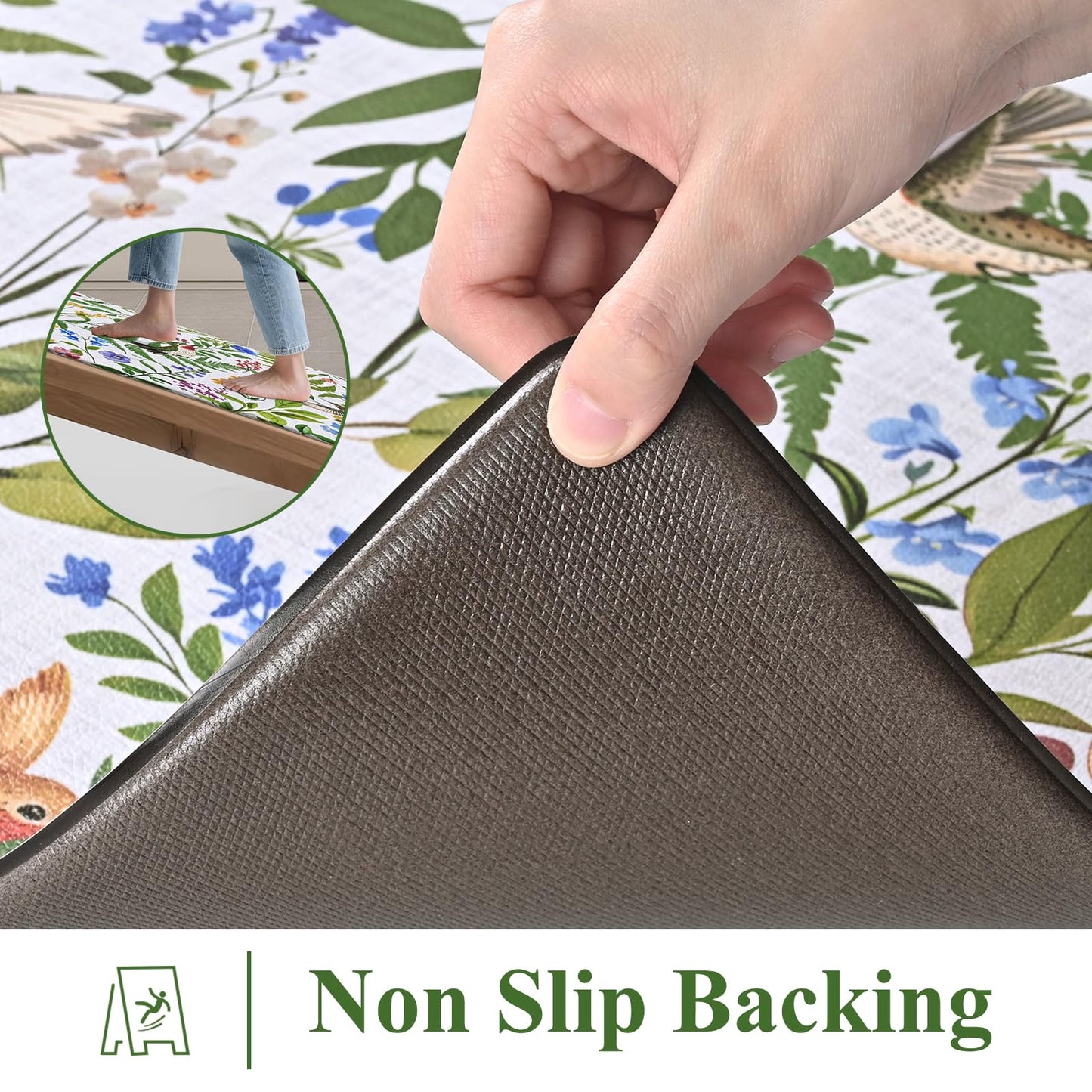 Yinhua White Kitchen Mats for Floor Sets of 2, Floral Anti Fatigue Mats for Kitchen Floor Rug Cushioned, Farmhouse Kitchen Rugs Non Slip, Bird Waterproof Mat for Laundry Office, 17.3"×30"+17.3"×47"