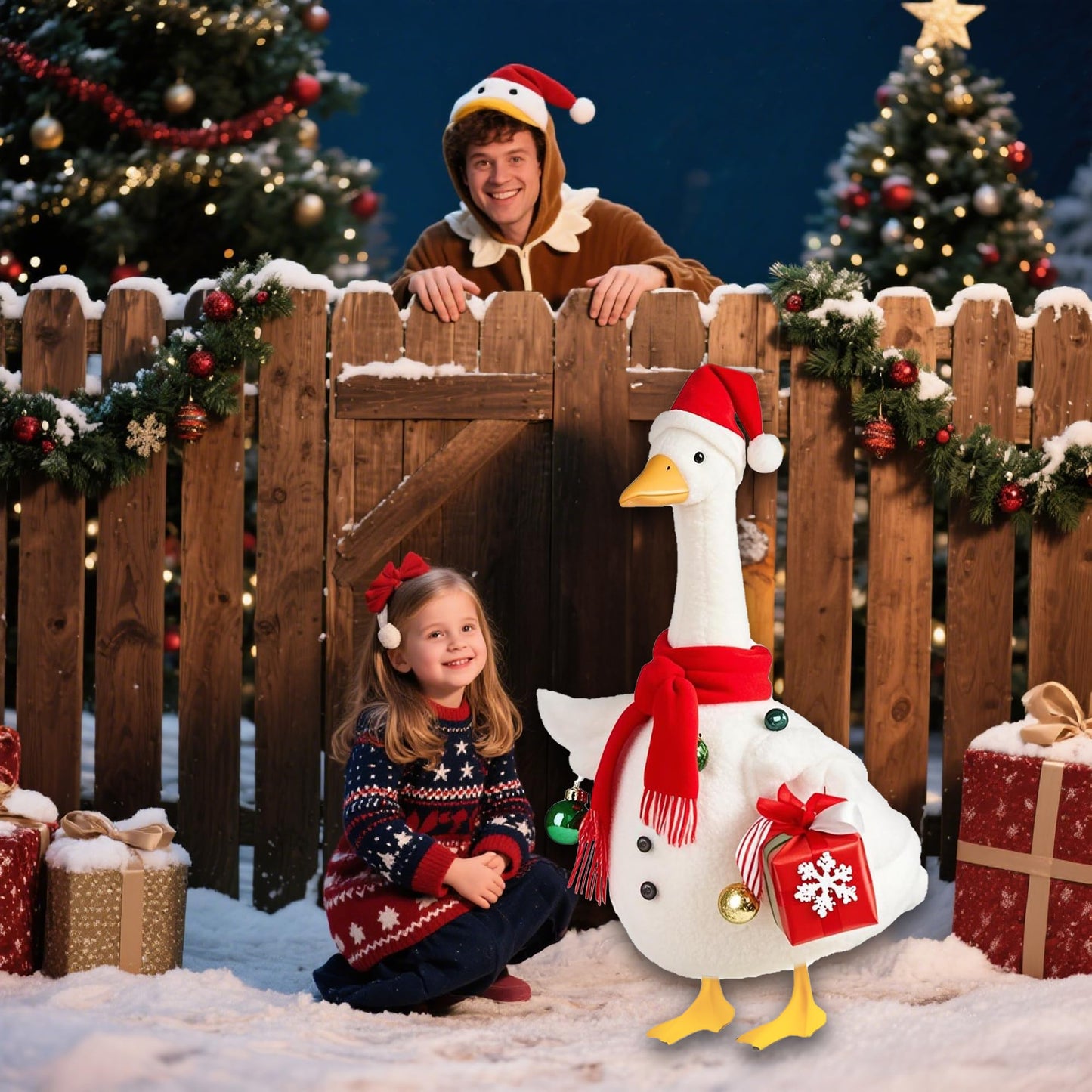 Lodaxu Christmas Snowman Porch Goose Outfits for Large 23" High Cement or Plastic Goose Statue, Yard Goose Cloths with Christmas Hat and Snowflake Gift Box Decor for Outdoor Lawn Gaden Patio