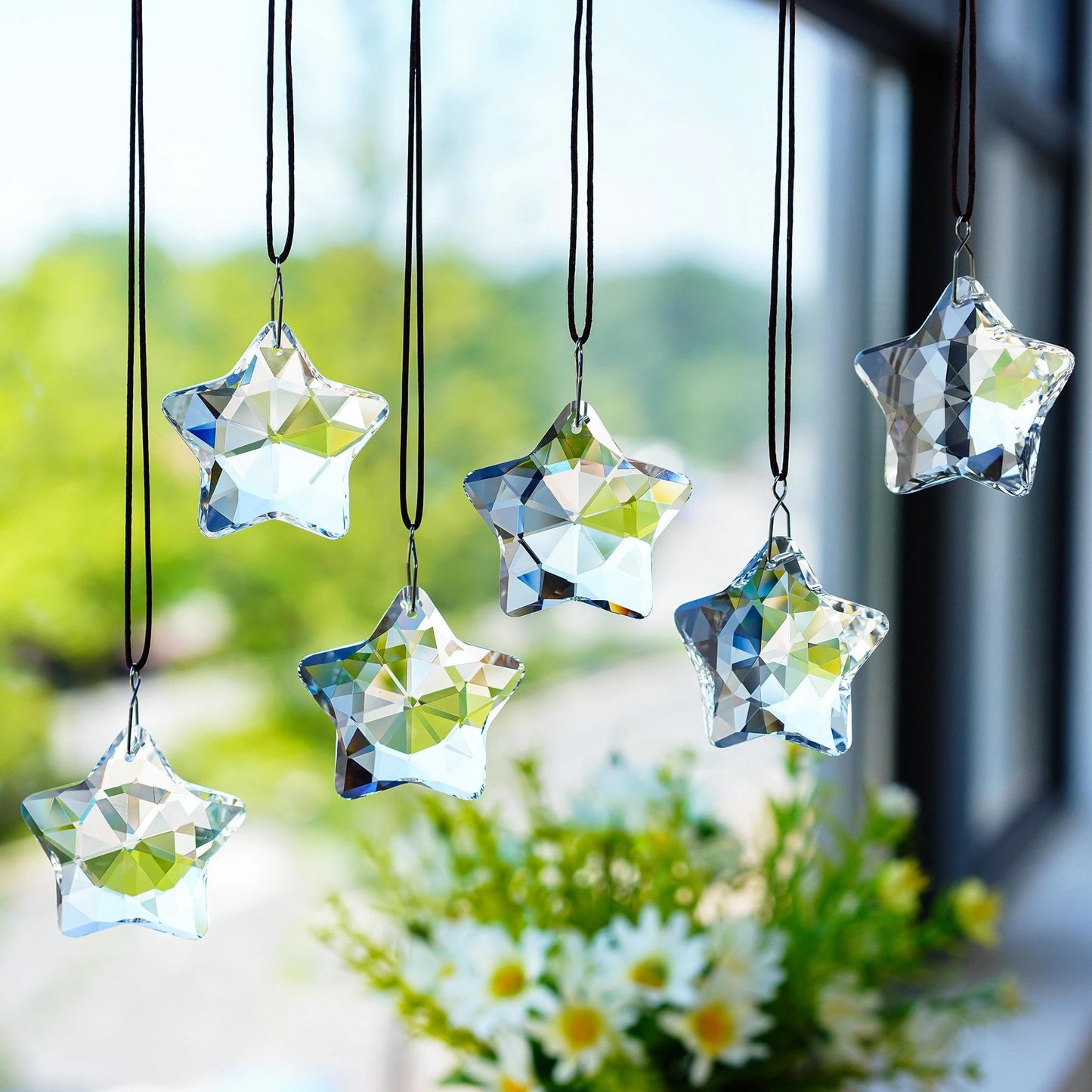 LOULIQIGIFT 12pcs Glass Star and Moon Ornaments Clear Hanging Crystal Prisms Ornaments for Chandelier Parts Home Office Window Decor for Mother's Day Birthday Party
