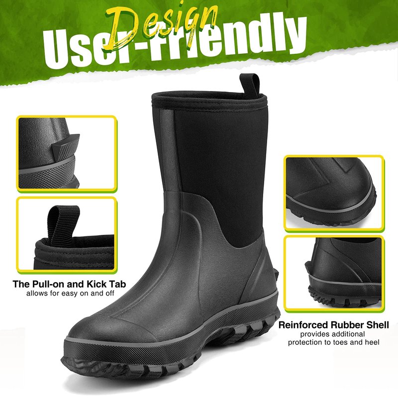 TIDEWE Rubber Boots for Men, 5.5mm Neoprene Insulated Rain Boots with Steel Shank, Waterproof Mid Calf Hunting Boots, Sturdy Rubber Work Boots for Farming Gardening Fishing (Black Size 7)