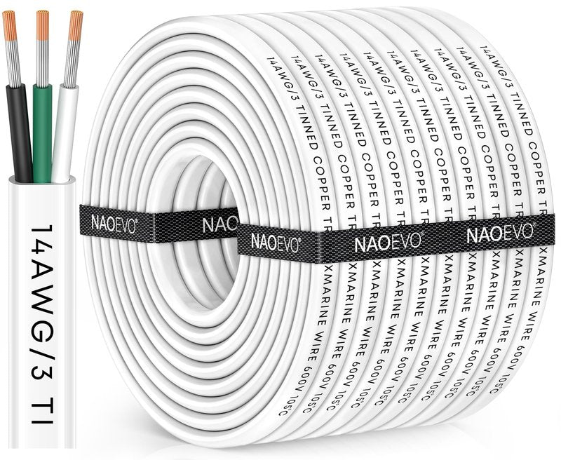 NAOEVO 14 Gauge Marine Wire, 14/3 Triplex Marine Electrical Cable, Waterproof/Insulated PVC/Oxygen-Free Tinned Copper 14 AWG Wire for Boat, Automotive, RV, Solar, LED, Trolling Motor (100FT)