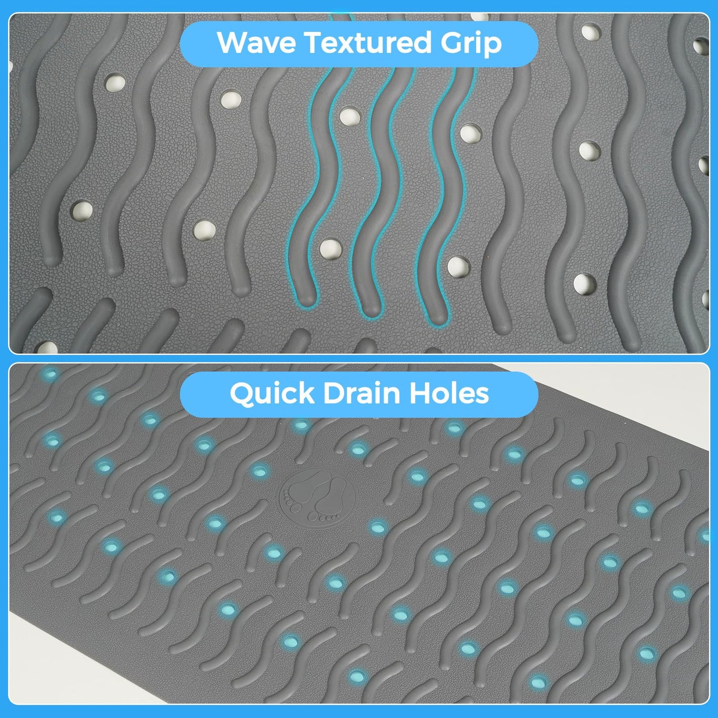 Non Slip Bathtub Mat & Shower Mat, 31x15'' Anti Slip Bath Mat for Tub, Soft TPE Anti-Skid Bathroom Mat with 194 Suction Cups & Drain Holes, Wave-Textured Grip, Machine Washable, Grey