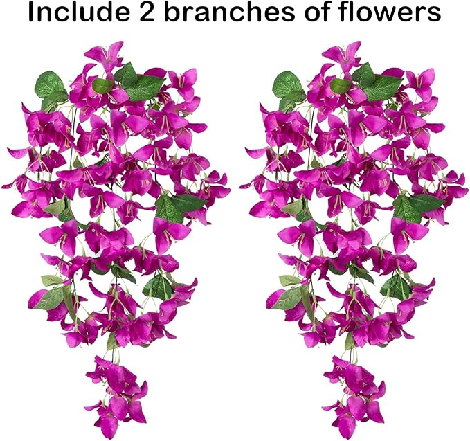 2PCS Bougainvillea Artificial Hanging Flowers Plants for Outdoors Outside Fall Decoration, Faux Silk Flowers Fake Vines UV Resistant Look Real Realistic for Front Door Porch Planter Balcony, Fuchsia