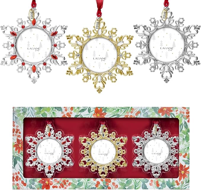 Laraine Christmas Tree Ornaments – Decorative Hanging 2025 Holiday Keepsake Gift Snowflake Pendant with 2” Photo Frame Insert for Picture of Pet (Snowflake Gift Set (2025))