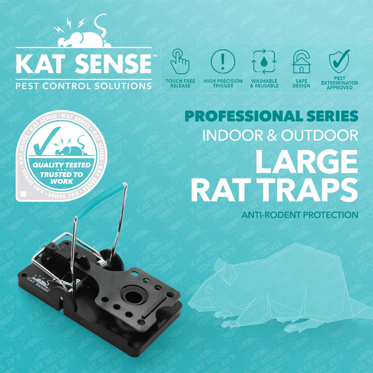 Kat Sense Large Rat Snap Traps Set of 6 - Stainless Steel Bar Design, Humane Rat Trap Indoor & Outdoor Use, Mouse Catcher for Repeat Use, High Precision Triggering, Traps for Rats, Mice, Chipmunks