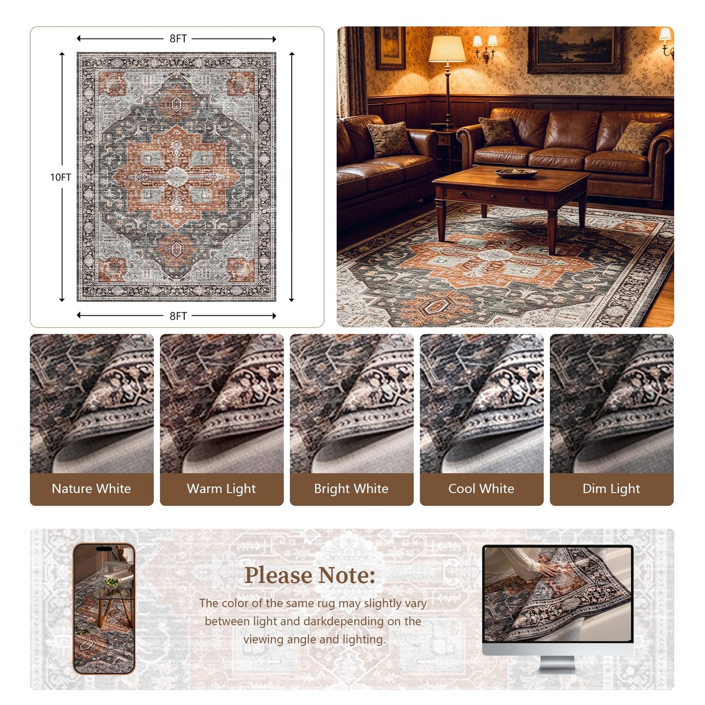 PURE ROMIE 8'x10' Tan/Blue Black Persian Style Medallion Faux Wool Living Room Rug, Non-Slip Washable Extra Large Area Rugs for Dining Room, Bedroom, Low Pile Distressed Print Carpet (Tan/Blue Black)