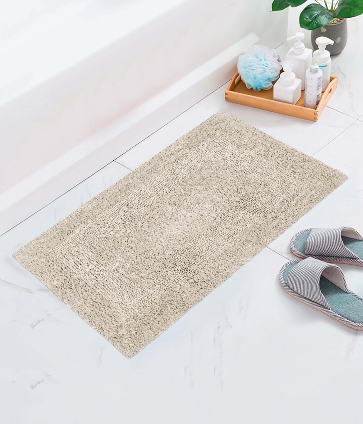 COTTON CRAFT Luxurious Bath Mat Rug - Set of 2 Reversible Heavyweight Step Out Bath Mats for Bathroom Floor, Tub and Shower - Pure Cotton Soft Plush Absorbent Tufted Racetrack Mat - 17x24 inch - Linen