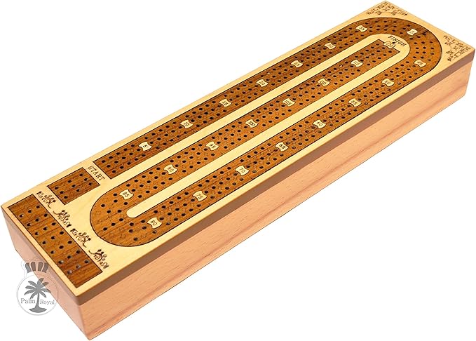 Palm Royal Handicrafts 3 Track Continuous Cribbage Wooden Cribbage Board Made with Maple Wood/Teak Wood and Storage Available for pegs and Cards