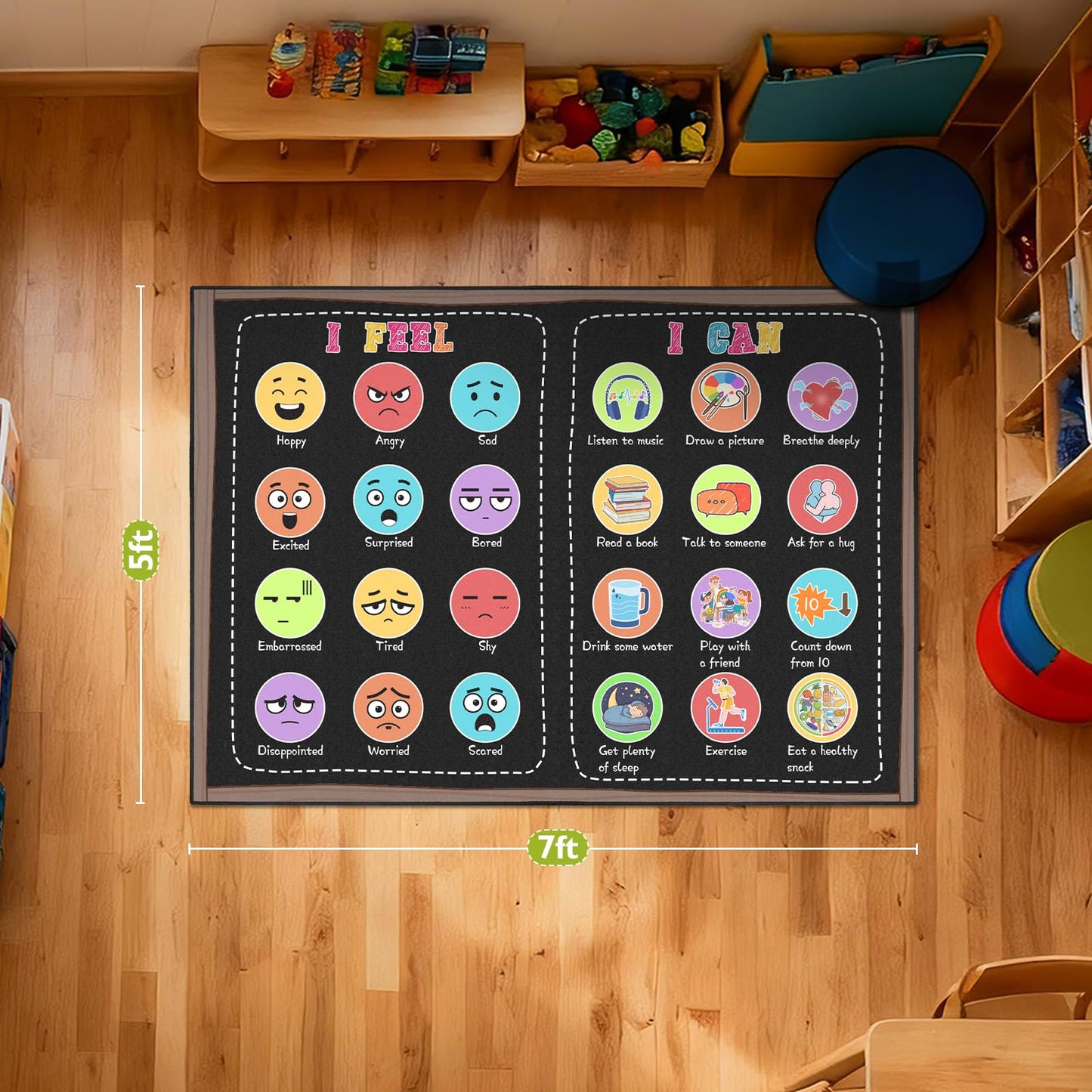 Classroom Rug Elementary 5x7 ft, Calming Corner Rug for Classroom Daycare Preschool, Educational Sensory Emotion Feelings Carpet, Smiley Face Kids Play Mat for Playroom, Non-Slip Washable(Black)