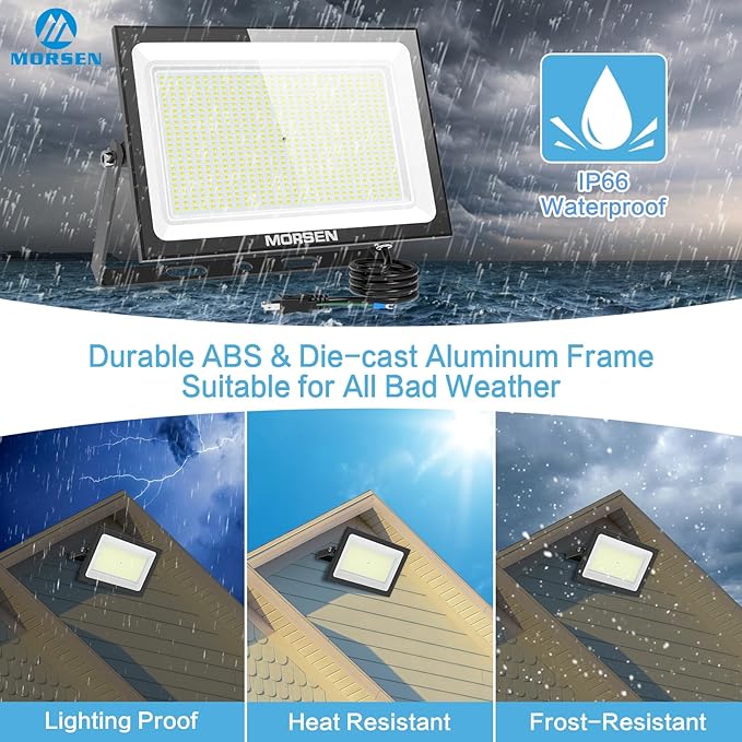 MORSEN 400W Flood Lights Outdoor, 48000lm Bright LED Work Light with Plug, 6500K Daylight White LED Flood Lighting, IP66 Waterproof Security Yard Lights for Yard Garage Stadium 2 Pack