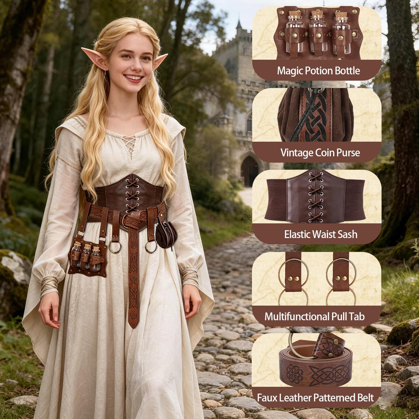 Renaissance Belt Pouch Corset Waistband Magic Potion Bottle Skirt Hike Steampunk Costume Accessory(Brown-B, X-Large)