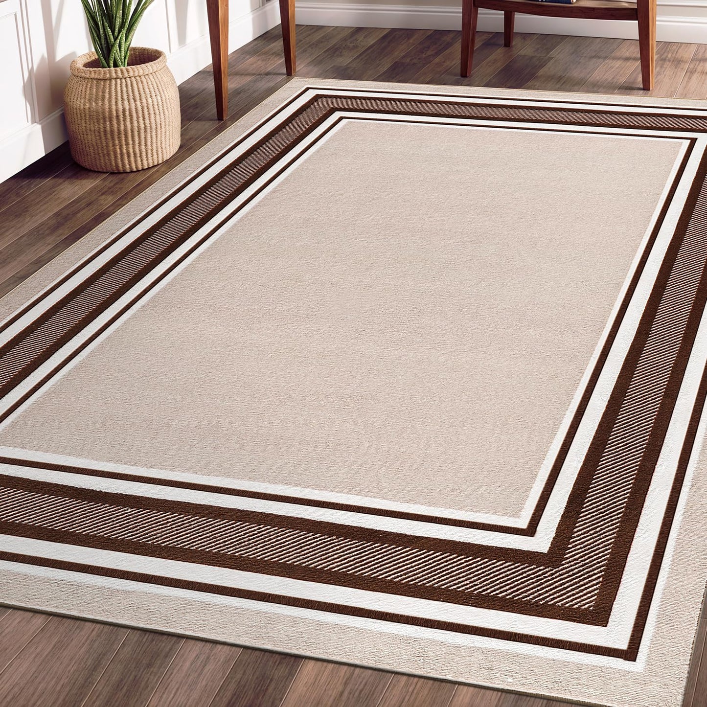 Beverly Rug Non Slip Area Rugs 3x5 Modern Bordered Non Skid Rubber Backing Soft Area Rug for Living Dining Room Easy to Clean Non Shedding Kitchen Bedroom Indoor Carpet 3 x 5 Beige-Brown