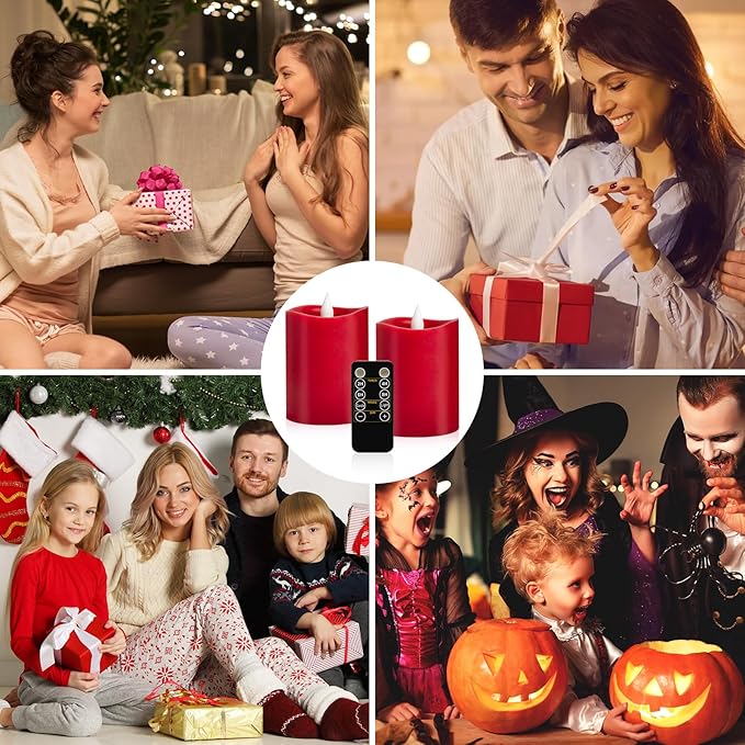 3" x 4" Red Flameless Candles - LED Pillar with Remote, Timer, Flickering, 600+ Hour Battery Life, Ideal for Christmas, Halloween, and Indoor Decor (Red, 3"*4"-2pcs)