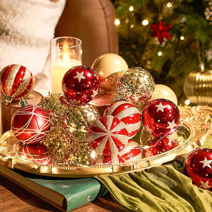 JORNOY Christmas Balls Ornaments, 30ct Shatterproof Xmas Tree Decorations, Hanging Bulbs Baubles Set with String for Holiday Home Party Decor, 2.36 inch/60mm, Red Gold