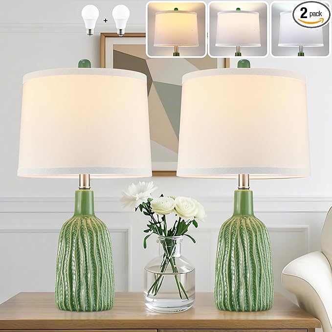 GRUENLICH Ceramic Table Lamp Set of 2 for Nightstand, 22.5" Modern Green Bedside Lamp with 3 Adjustable Color Temperature, Bedroom Lamp for Living Room Desk End Table Office (2 LED Bulbs Included)