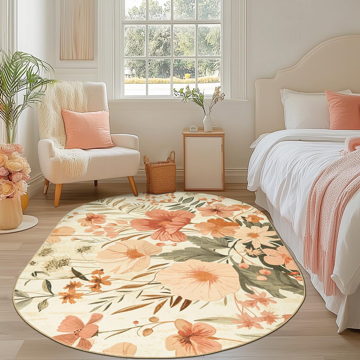 jinchan Renouveau Floral Area Rug 5x7 Oval Rug Living Room Washable Modern Oriental Flower Print Non Slip Carpet for Bedroom Dining Room Entryway Home Office Pink/Grey