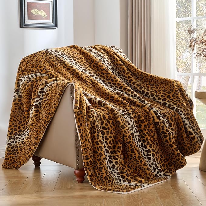 Krifey Leopard Print Blanket, Faux Fur Throws for Bed, Soft Cozy Fuzzy Fluffy Thick Warm Plush Cheetah Print Blanket, Christmas Birthday Gifts for Mom Dad Women Men, Room Decor, 50x60in