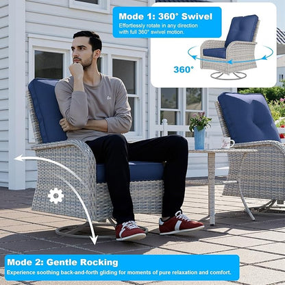 10-Piece Modern Patio Furniture Set with Swivel Chairs, Thick Cushions, Dual-Strand Wicker Rattan, Rust-Resistant Frame, Navy Blue