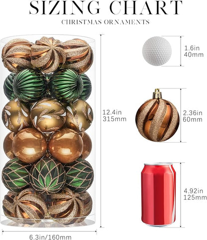 JORNOY Christmas Balls Ornaments, 30ct Shatterproof Xmas Tree Decorations, Hanging Bulbs Baubles Set with String for Holiday Home Party Decor, 2.36 inch/60mm, Earth Tone