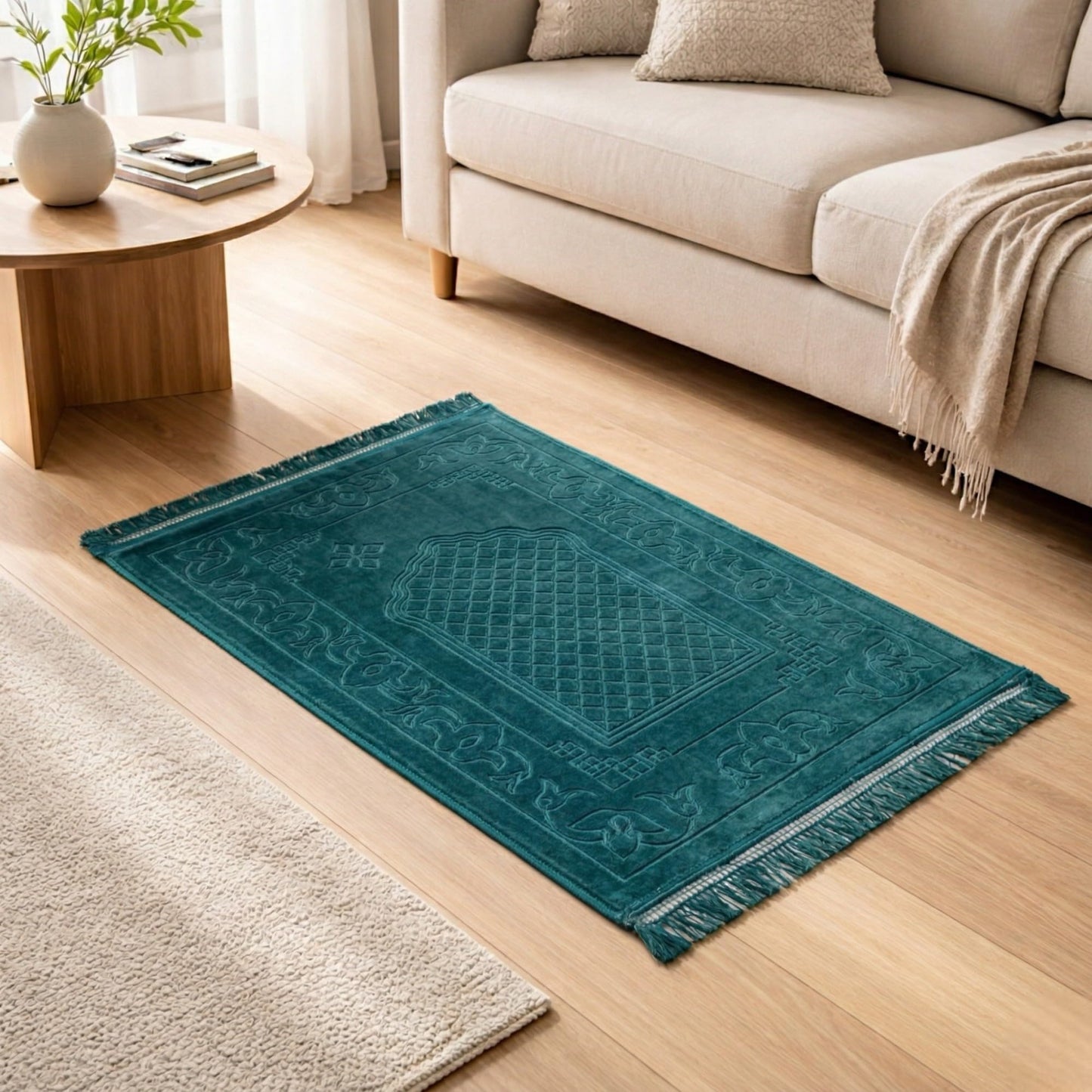 Modefa Muslim Prayer Rug Islam, Soft Plush Velvet Praying Mat Thick Sajadah with Car Hanger | Simple Pattern Solid Not Distracting | 31.5 x 47in Non-Slip Padded Prayer Mat (Mihrab Teal)