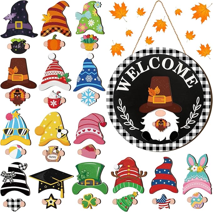 Qunclay Interchangeable Wooden Gnome Decor Holiday Seasonal Gnome Decorations with Magnet Pieces and Detachable Hats Changeable Welcome Sign for Home(Trendy Style)