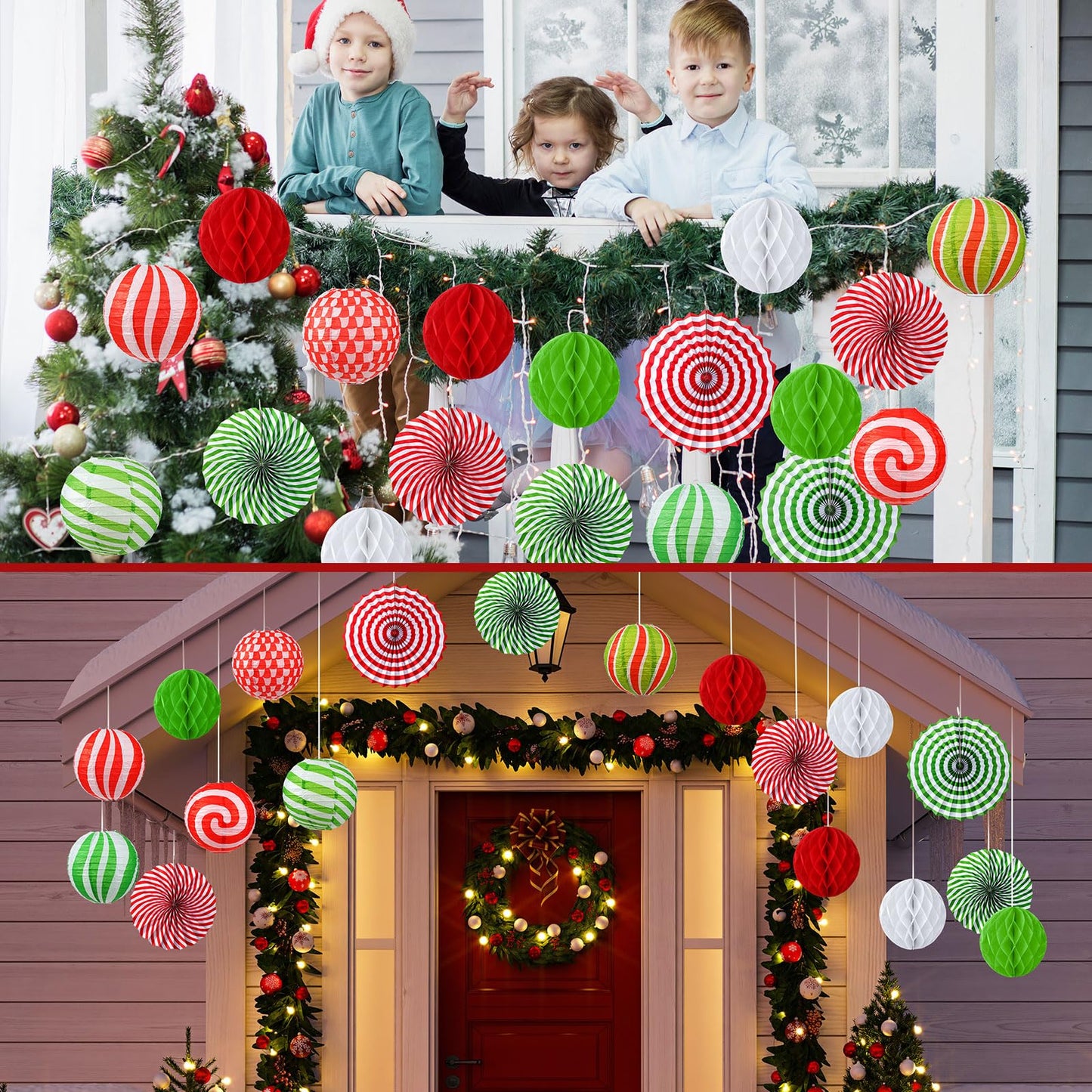 Retisee 18 Pcs Christmas Hanging Paper Lanterns Party Decorations Candy Canes Peppermint Paper Fans Xmas Hanging Honeycomb Ball Lanterns Ornaments for Christmas Winter Party Holiday Ceilings Decor