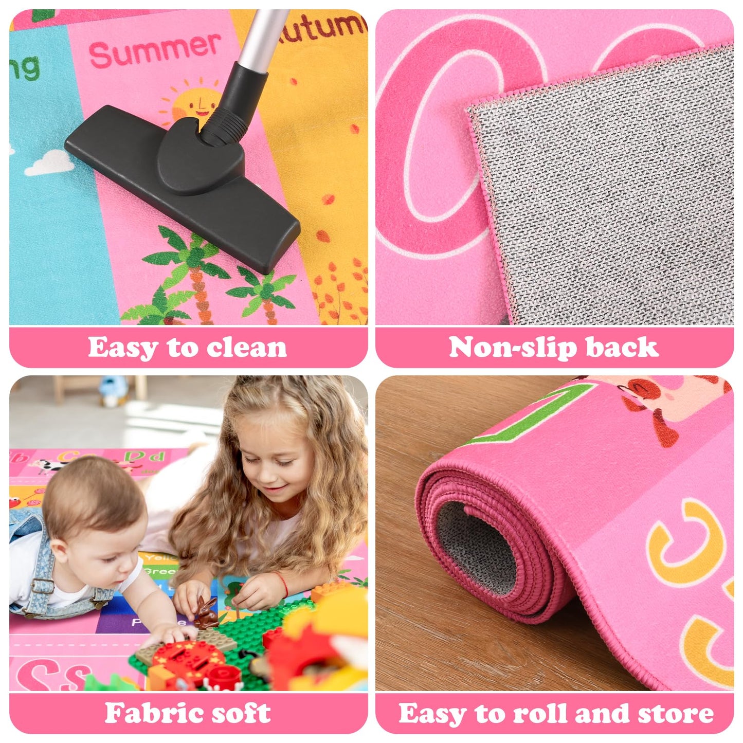 Flagover Pink Kids Rug for Playroom Classroom, ABC Alphabet Numbers Play Toddlers Rugs, 6x9 Learning Educational Bedroom Floor Mat, Washable Baby Carpet for Girls Room, Nursery, Preschool, Daycare