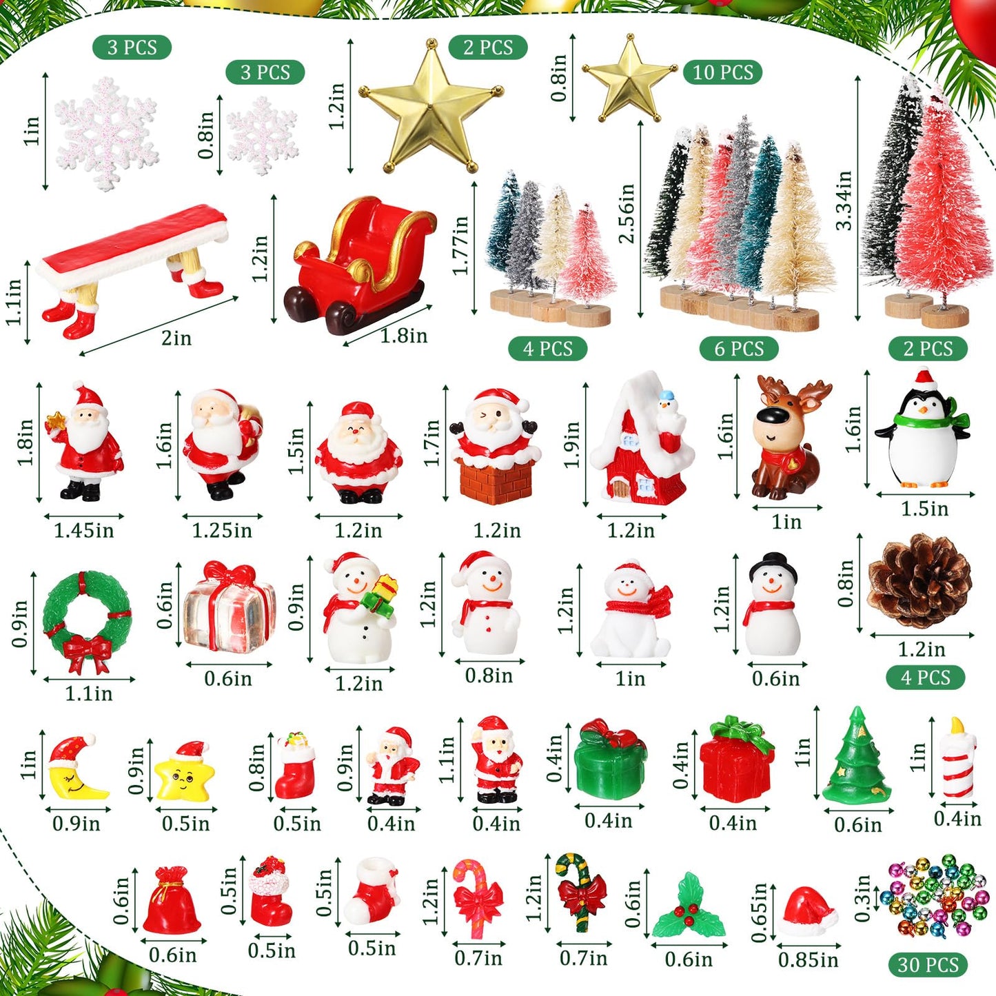 Roowest 96 Pcs Miniature Ornaments for Snow Globe Kit DIY Christmas Village Decoration Christmas Figurines Mini Ornaments with Snowman Reindeer Santa Claus Snowflake(DarkGreen Teal Beige Sliver Pink)