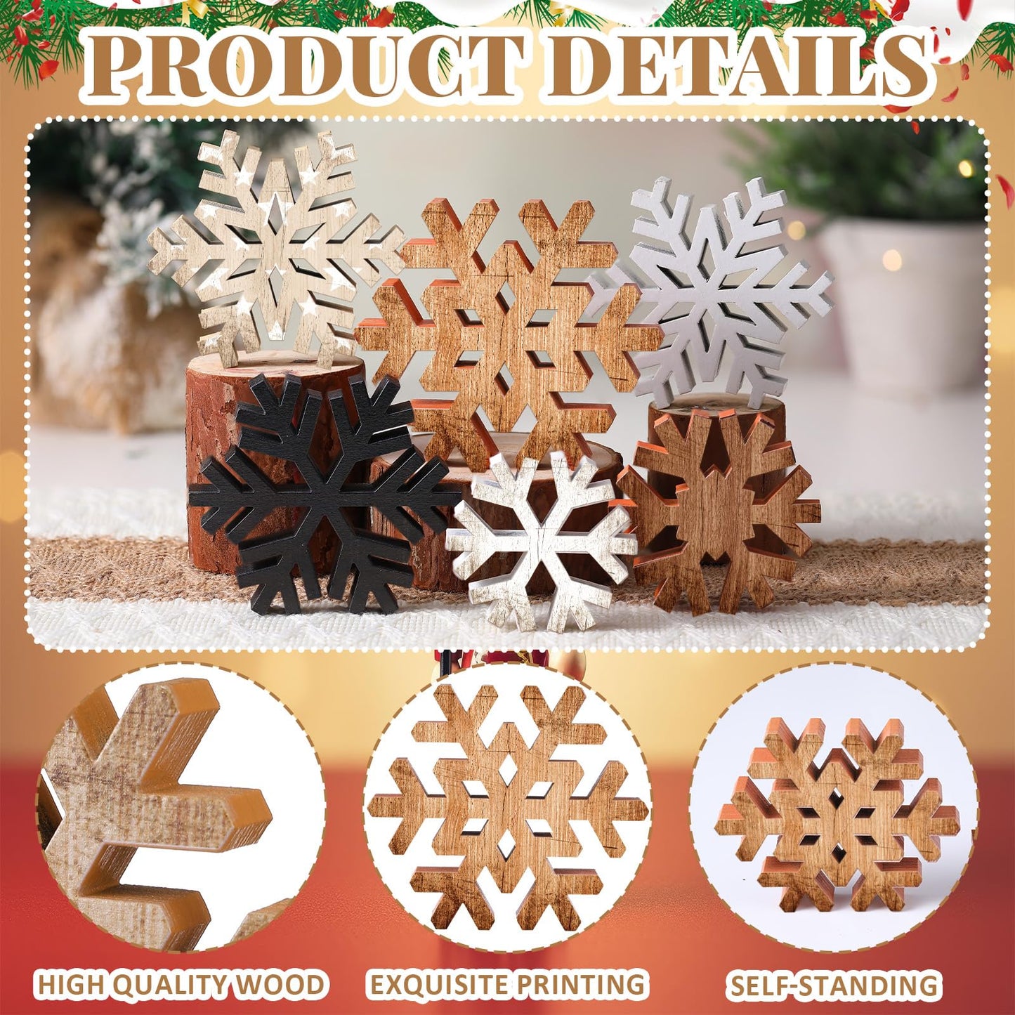 Yuntau 6 Pcs Christmas Table Decoration Wooden Farmhouse Table Centerpieces Rustic Christmas Tree House Reindeer Elk Angel Snowflake Wooden Sign Block Tiered Tray Decor for Xmas Gifts(Snowflake)