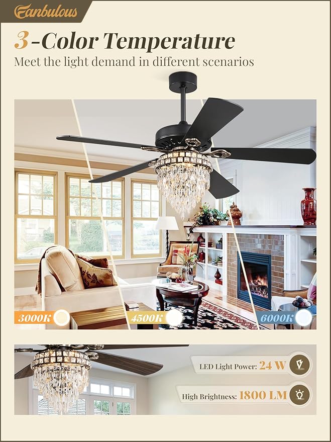 Fanbulous 60 Inch Farmhouse Fandelier Ceiling Fans with Light, Crystal Ceiling Fan Chandelier with 6 Speeds, Quiet Reversible Noiseless DC Motor, 3CCT, Indoor Ceiling Fan for Living Room Bedroom