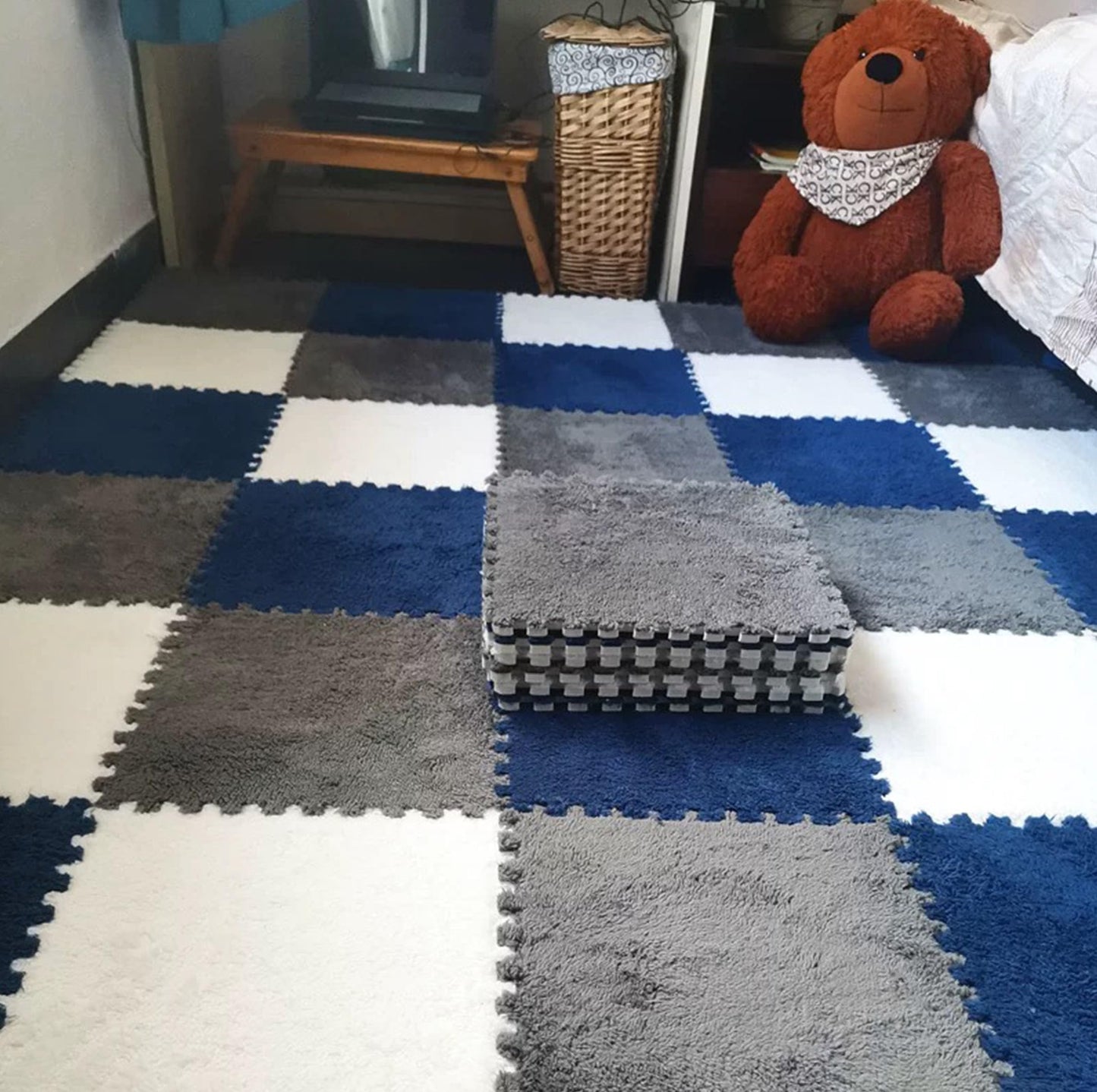 16 Pcs Kids Foam Interlocking Carpet Tiles with Border, Thick Carpet Squares Plush Floor Playmats Baby Crawling Rug - 49" x 49" (Navy Blue, 16 Tiles)