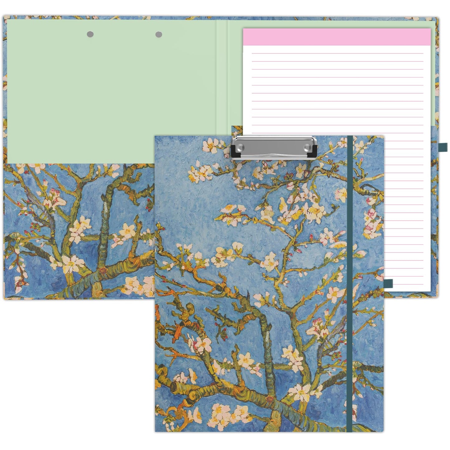 A4 Cute Clipboard Folio with Notepad Clipfolio and Interior Storage, Foldable Nursing Legal Size Clipboards for Work/Kids/Teachers - Almond Tree