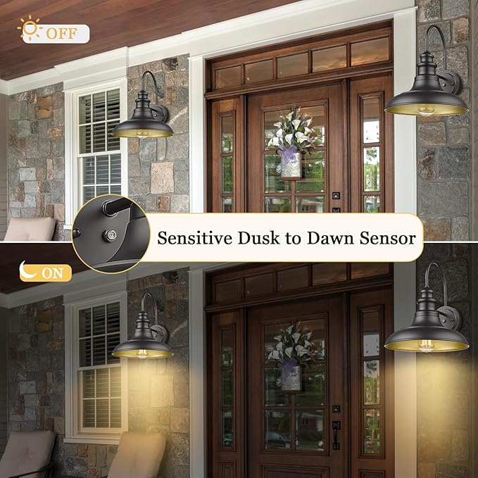 Dusk to Dawn Sensor Outdoor Barn Light Fixtures Outdoor Wall Sconces Farmhouse Wall Mount Lights Exterior Gooseneck Light Fixture Black Finish Industrial Wall Lantern for Porch, Entryways, 4 Pack
