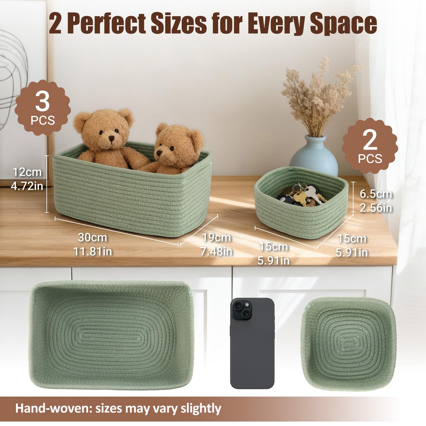 VIRETH HAUS 5-Pack Small Woven Rope Storage Baskets – 2 Sizes Organizer Bins for Closet, Shelf, Bookshelf, Nursery, Changing Table, Fabric Cube Boxes, Rectangular Shallow Bins for Bathroom, Toy & Home