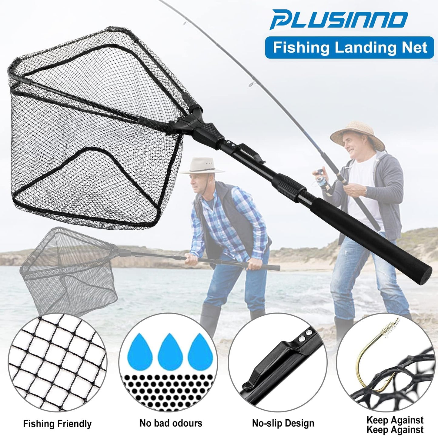 PLUSINNO Fishing Net Fish Floating Landing Net, Kayak Nets with Fixed Foldable Telescopic Pole Handle,Bass Trout Fishing Nets with Nylon Mesh for Pond Lake River,Fishing Gear Gifts for Men,Black 1.2M