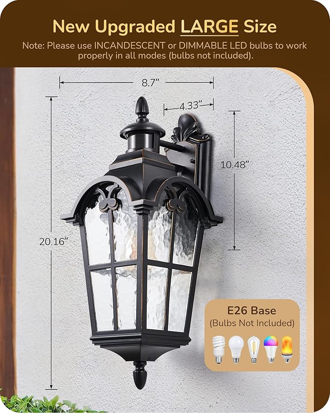 EDISHINE 20.2" Large Motion Sensor Outdoor Wall Lights, Dusk to Dawn Exterior Sconce with Water Ripple Glass, Waterproof Outside Porch Lighting Wall Mount Fixture for Front Door Garage