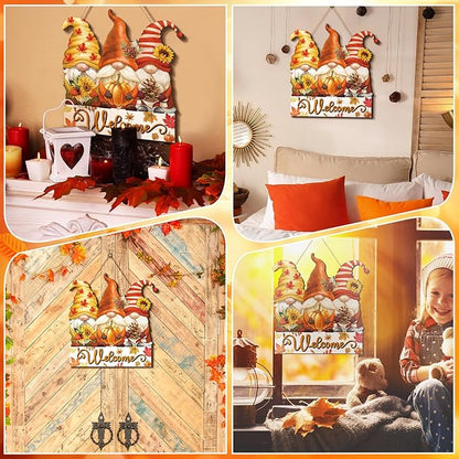 Boao Thanksgiving Welcome Sign Gnome Hanging Door Decor Fall Wooden Sign Autumn Door Decorations Pumpkin Maple Leaves Hanger for Outdoor Farmhouse Porch