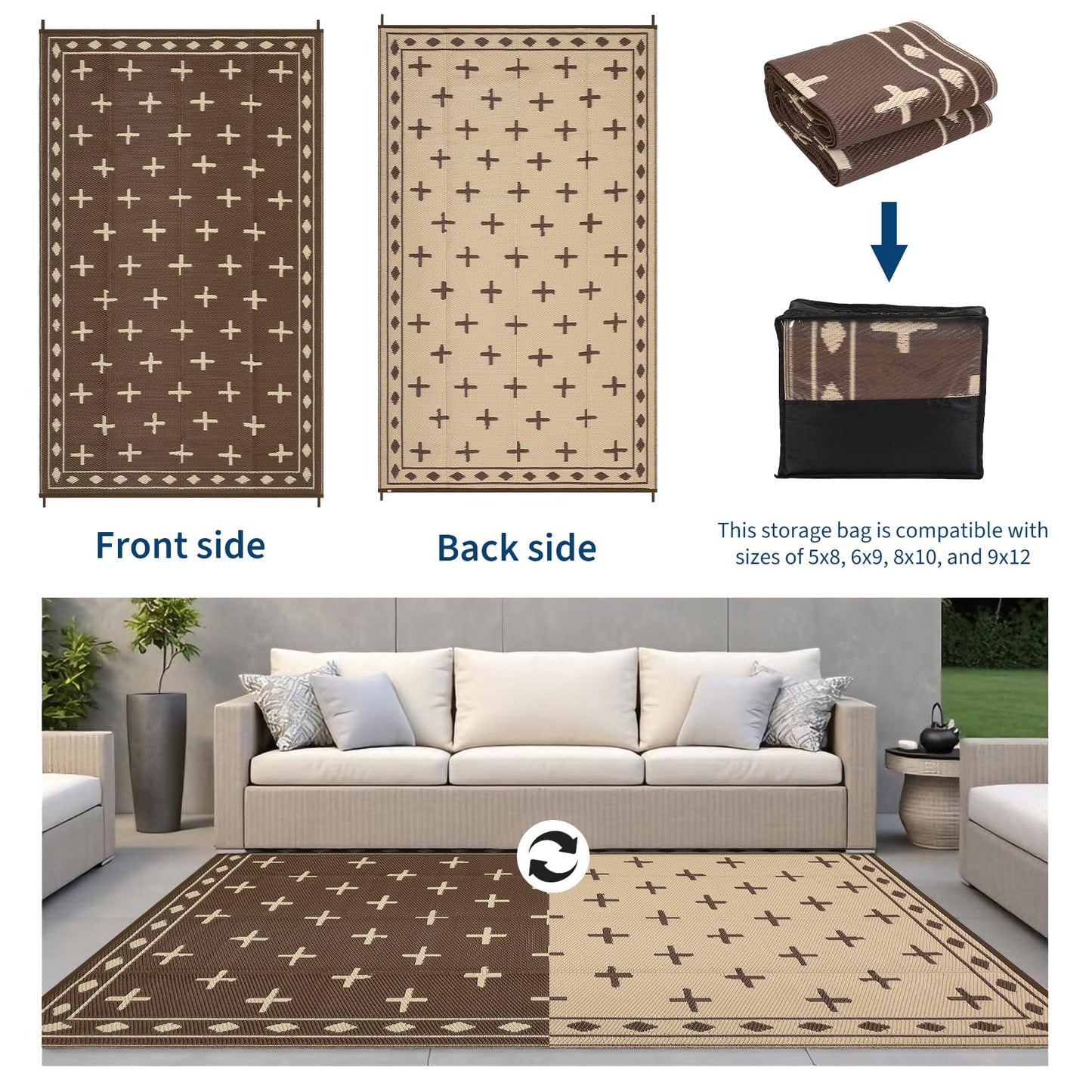 GarveeHome 9'x12' Outdoor Rug Waterproof – Reversible Plastic Mat for Patio & RV Camping, Large Geometric Rug for Deck Balcony, Portable Foldable Picnic Rug with Carry Bag, UV Resistant, Brown