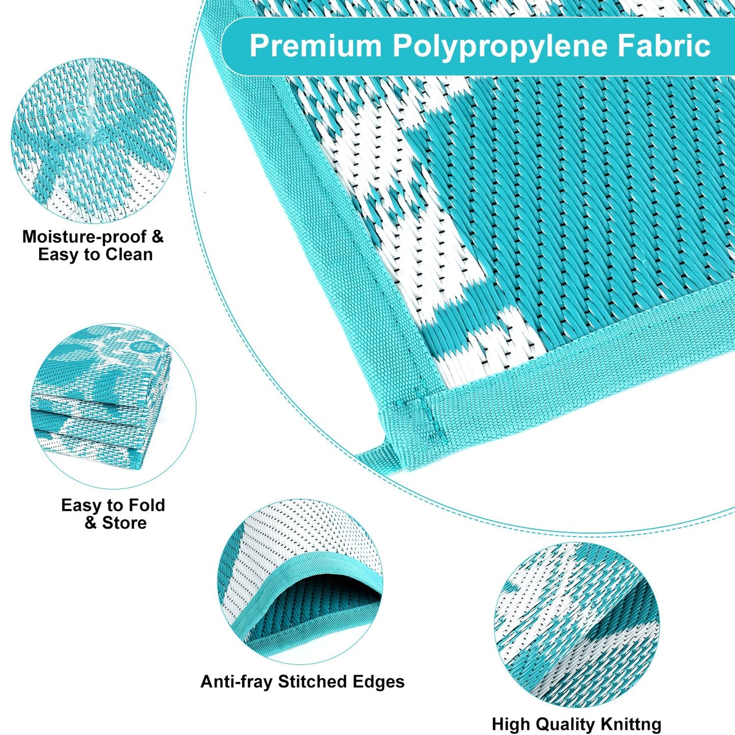 LOKHOM Outdoor Rug for Patio 8x10 ft Reversible Plastic Straw Patio Camping Rug, Floral Waterproof RV Mat for Camper Indoor Outdoor Carpet for Deck Porch Picnic Beach Balcony Backyard, Teal & White