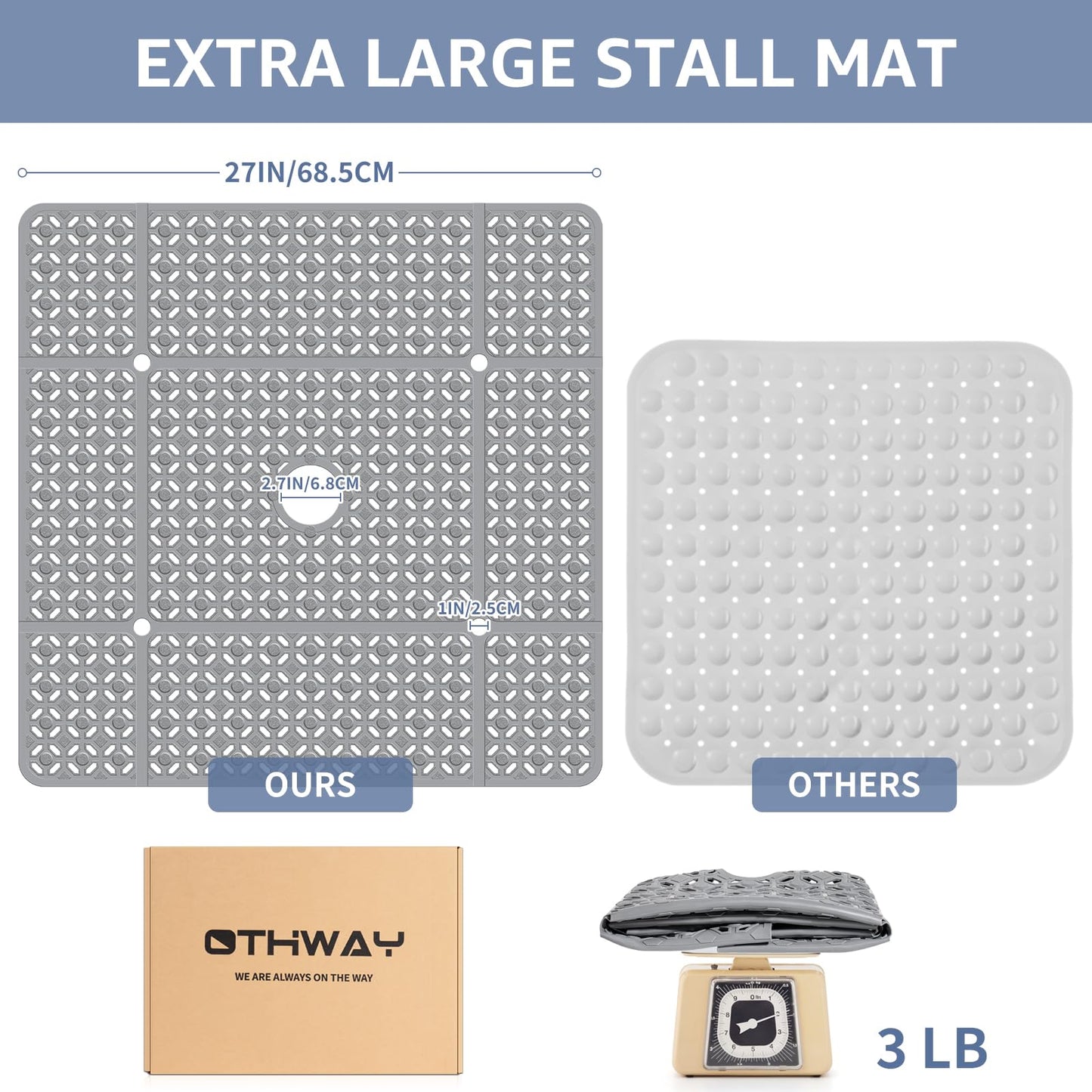 OTHWAY Square Shower Mat, 27"x 27" Extra Large Shower Mats for Inside Shower, TPE Anti Slip Shower Mat with Suction Cups Drain Holes, Machine Washable Shower Floor Mat (Grey)